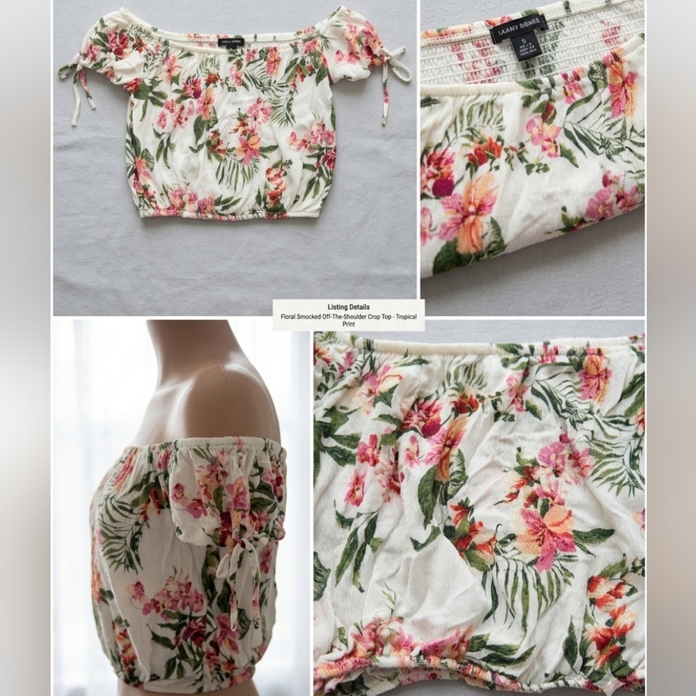 Xhilaration Cream Floral Off-Shoulder Smocked Crop Top with Pink & Green